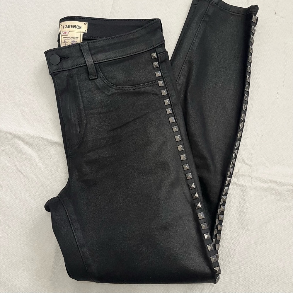 L’AGENCE Margot High Rise Skinny Black Coated Studded Skinny Jeans